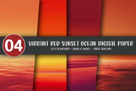 Download Vibrant Red Sunset Ocean Digital Paper - Paper Collection